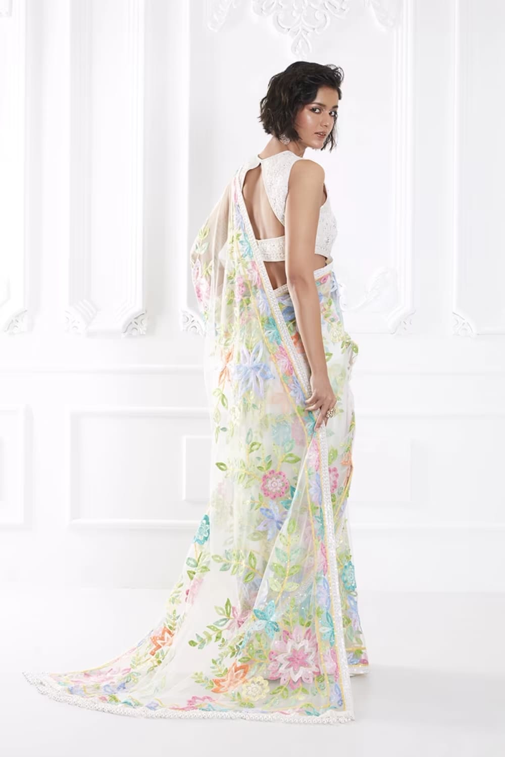 Ivory Multicoloured Net Saree Set