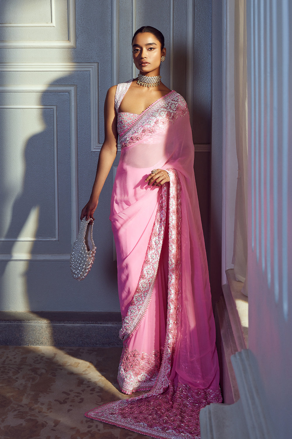 Dual Color Pink Chiffon Saree