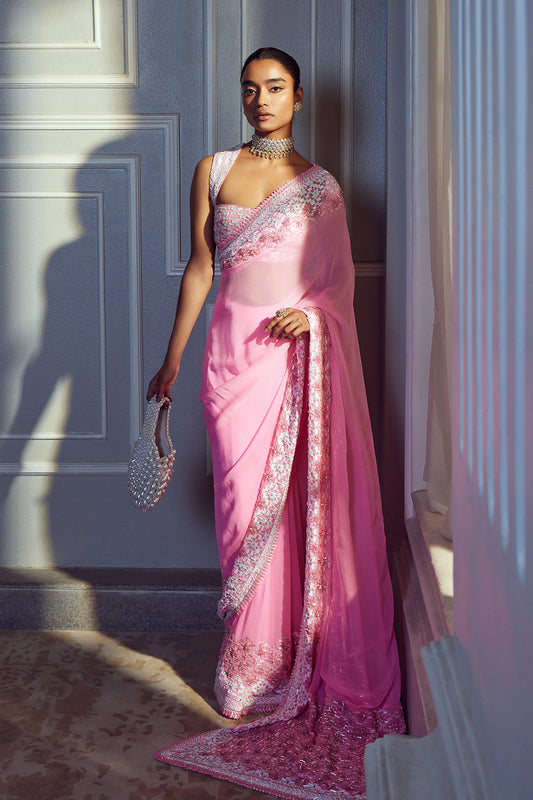 Dual Color Pink Chiffon Saree