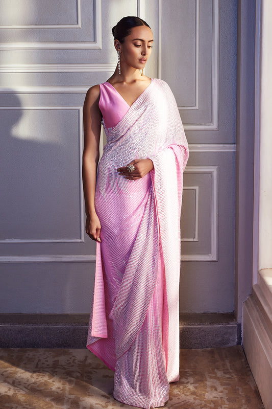 Candy Pink Chiffon Sequins Embroidered Saree Set