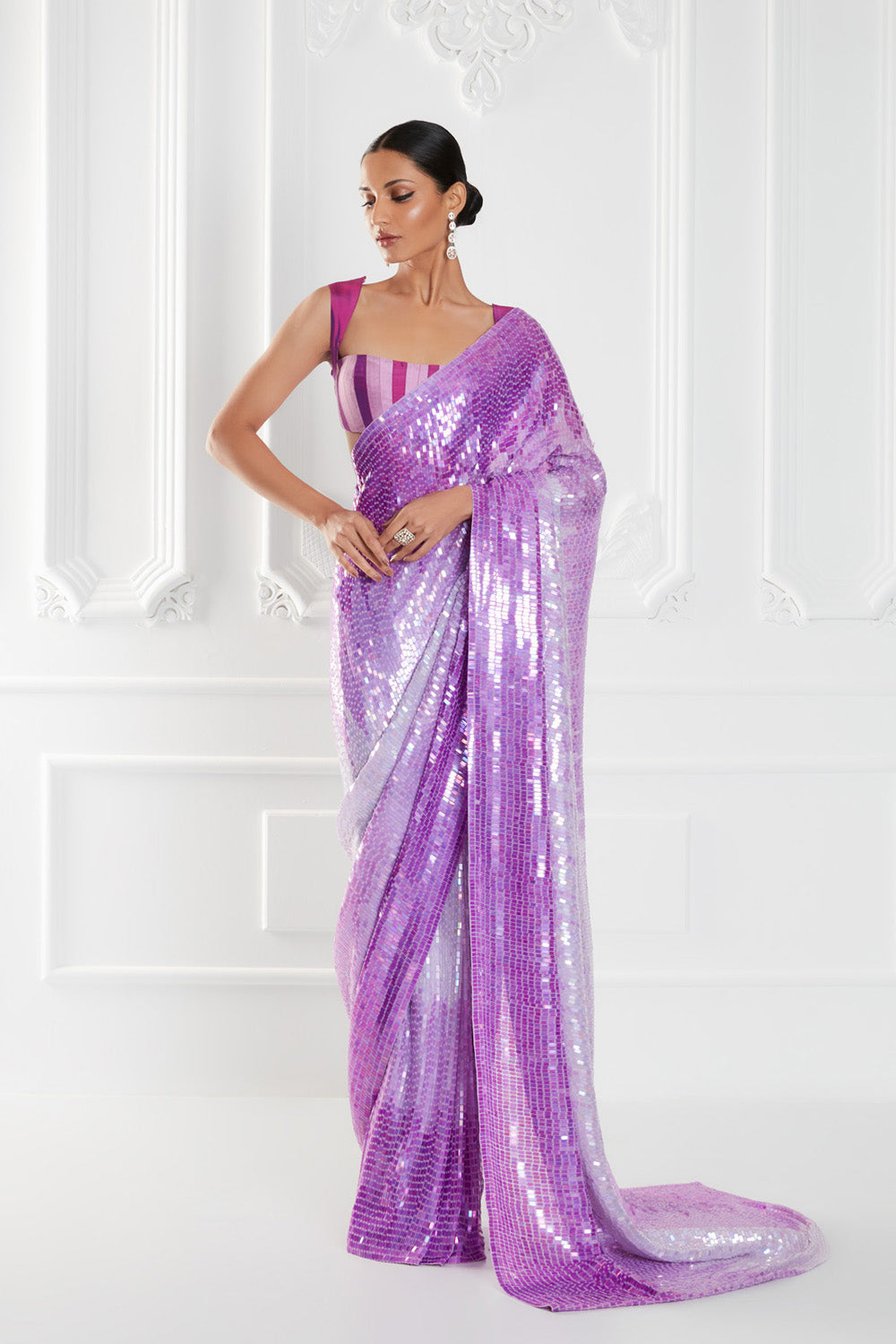 Violet Chiffon Sequin Saree Set