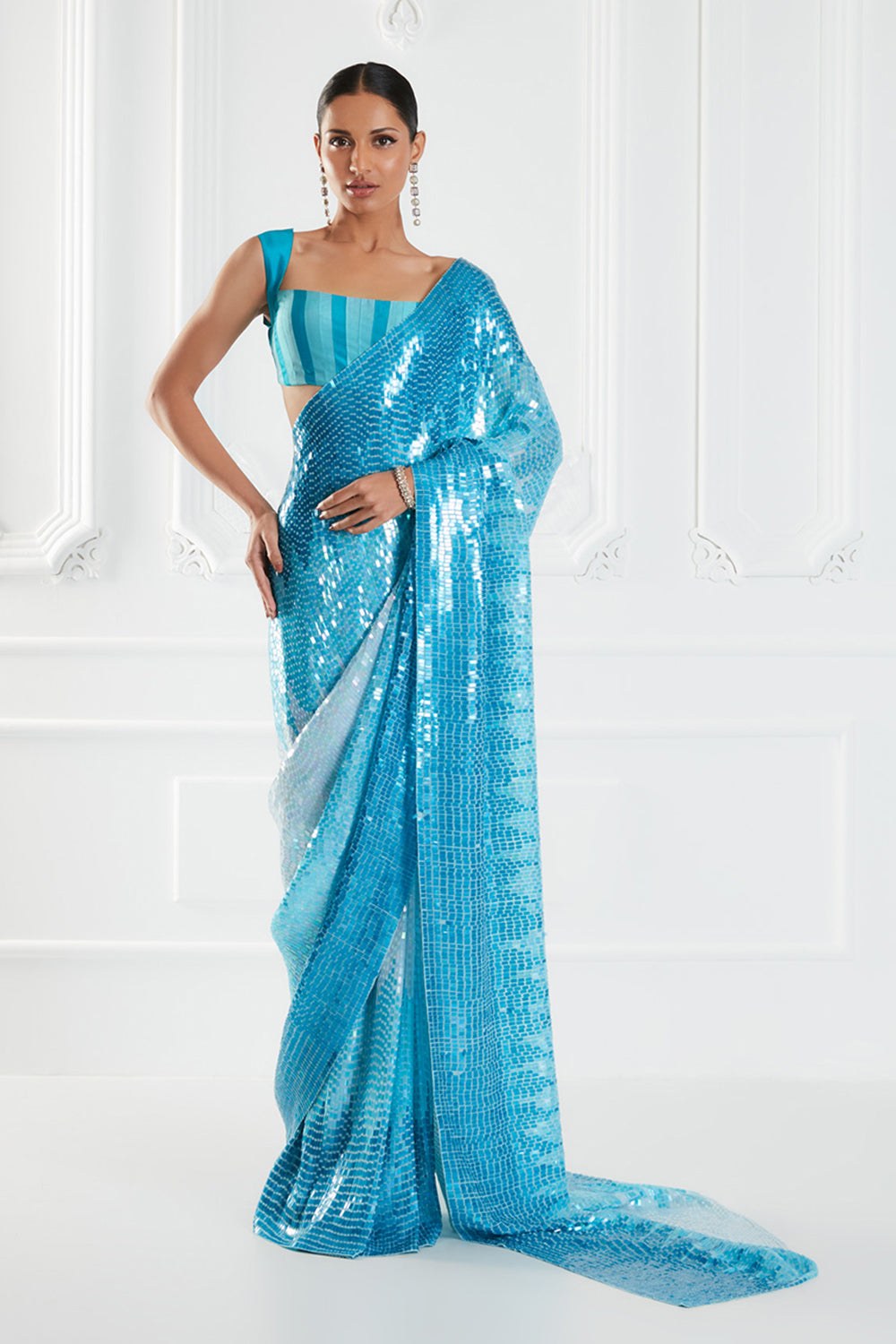 Turquoise Chiffon Sequins Embroidered Saree Set