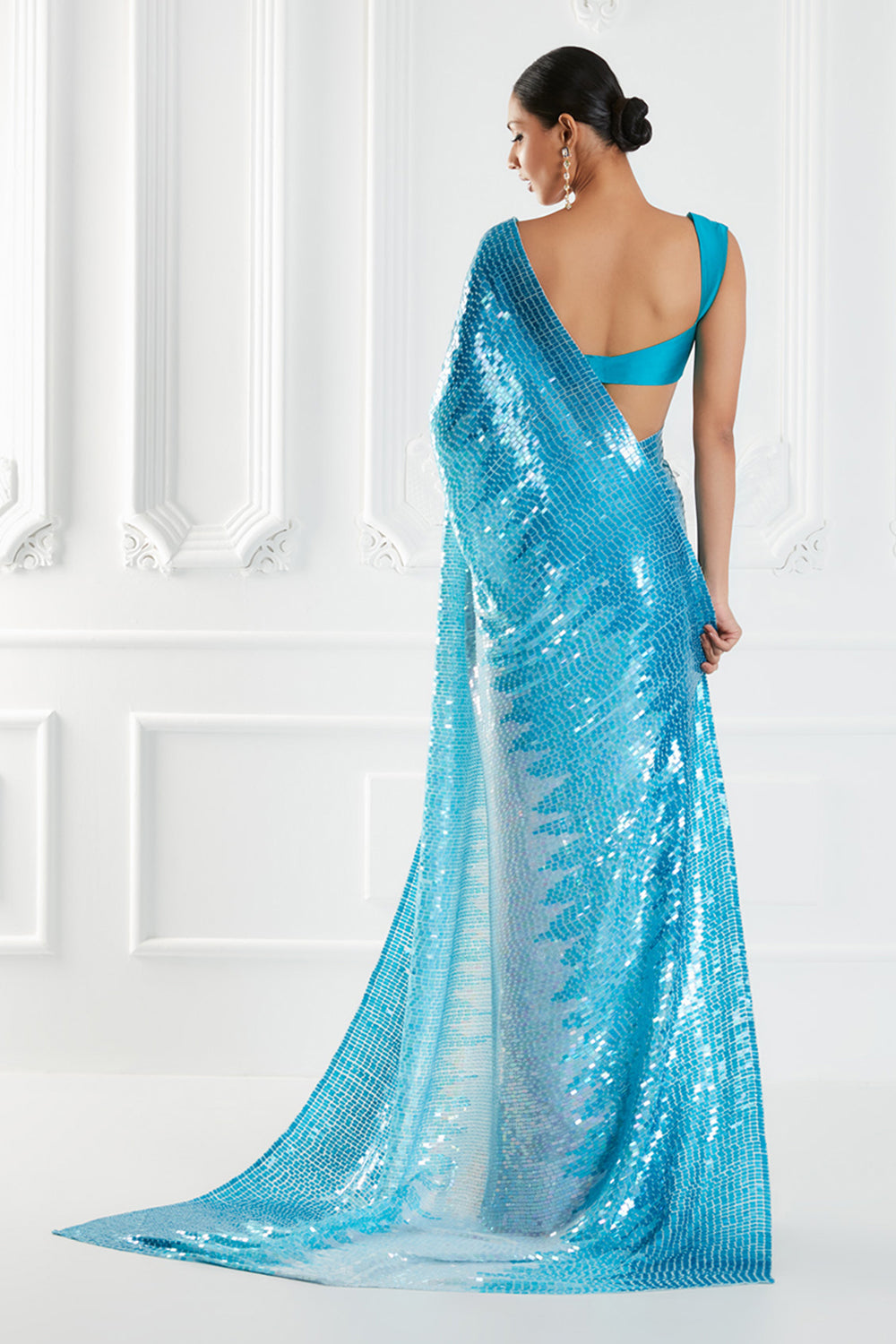 Turquoise Chiffon Sequins Embroidered Saree Set