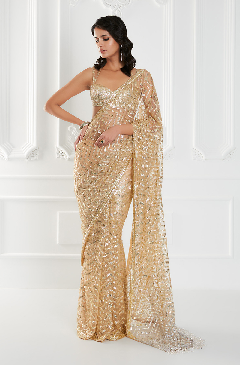 Gold Tulle Sequins Embroidered Saree Set
