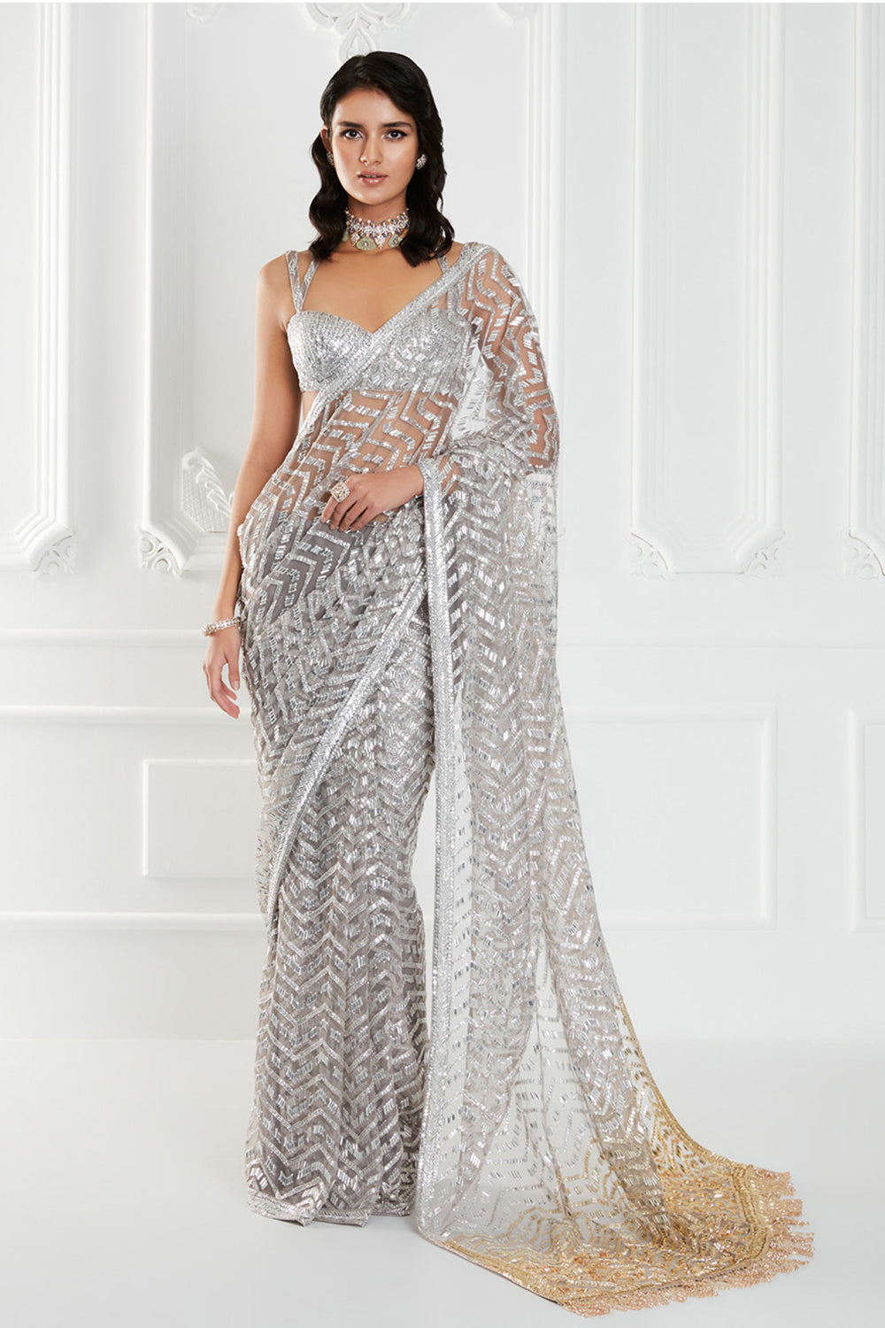 Silver Tulle Embroidered Saree Set