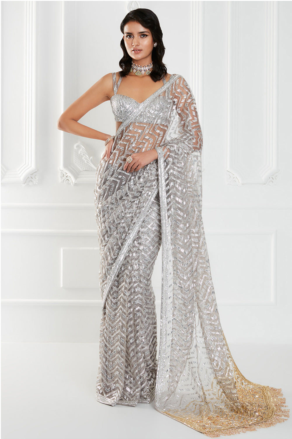 Silver Tulle Embroidered Saree Set