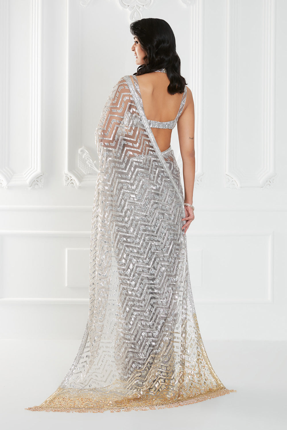 Silver Tulle Embroidered Saree Set