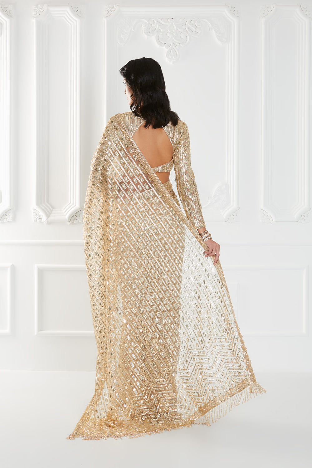 Metallic Gold Tulle Sequins Saree Set