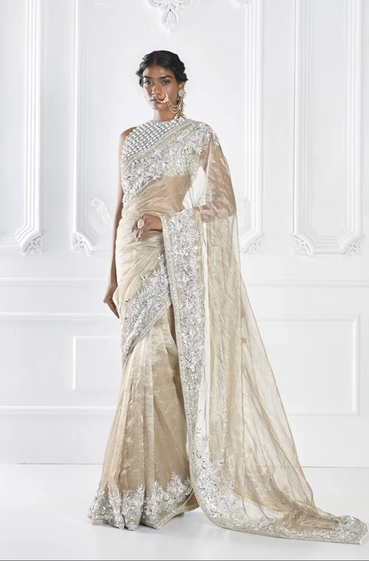 Oyster Embroidered Organza Saree Set
