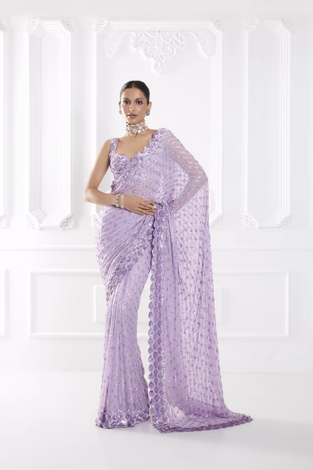 Lilac Embroidered Saree Set
