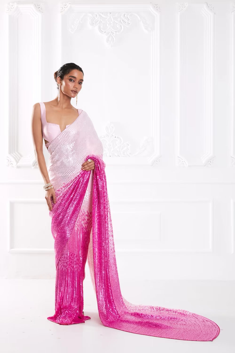 Shaded Pink Sequin Saree Set