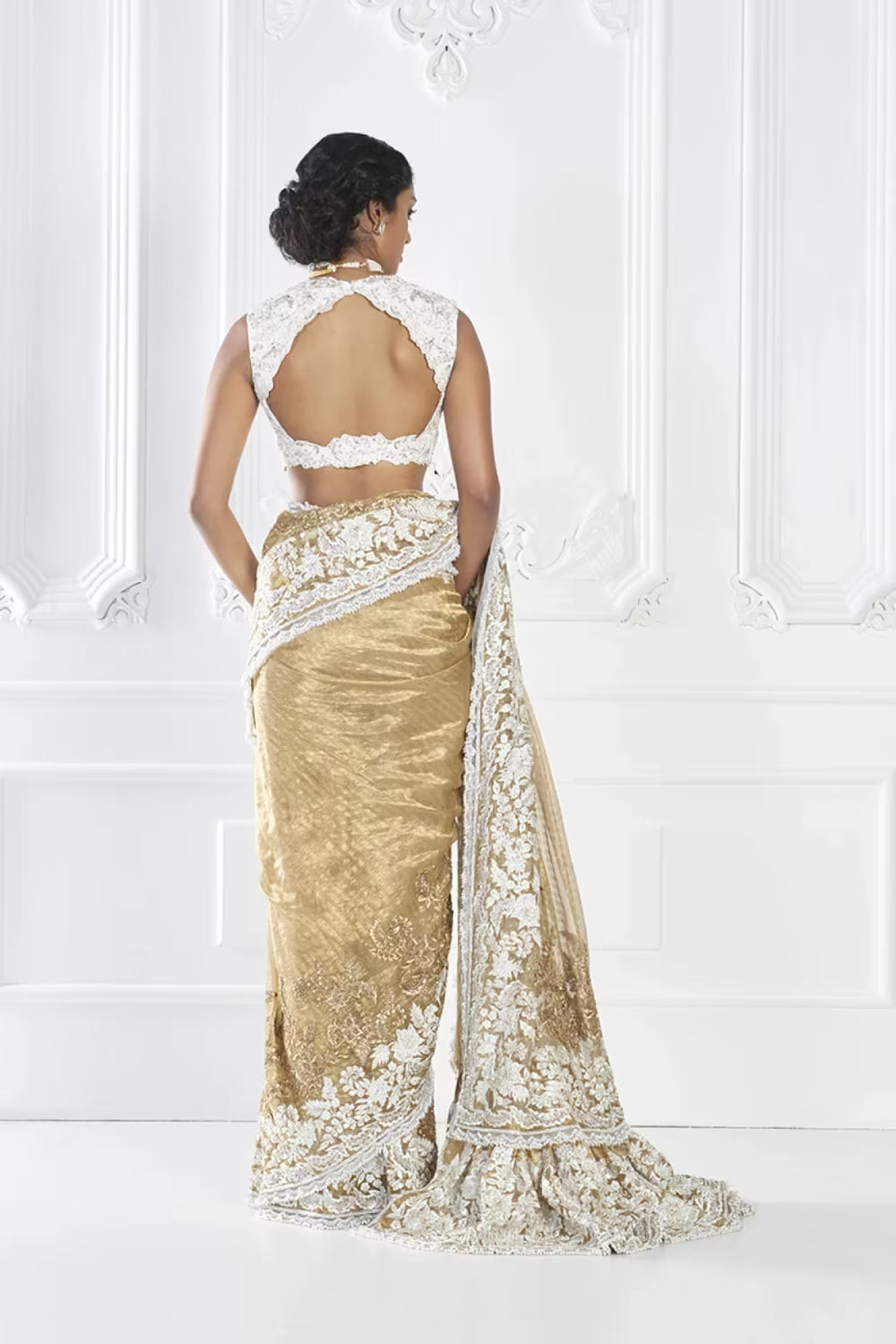 Dull Gold Ivory Embroidered Tissue Saree Set