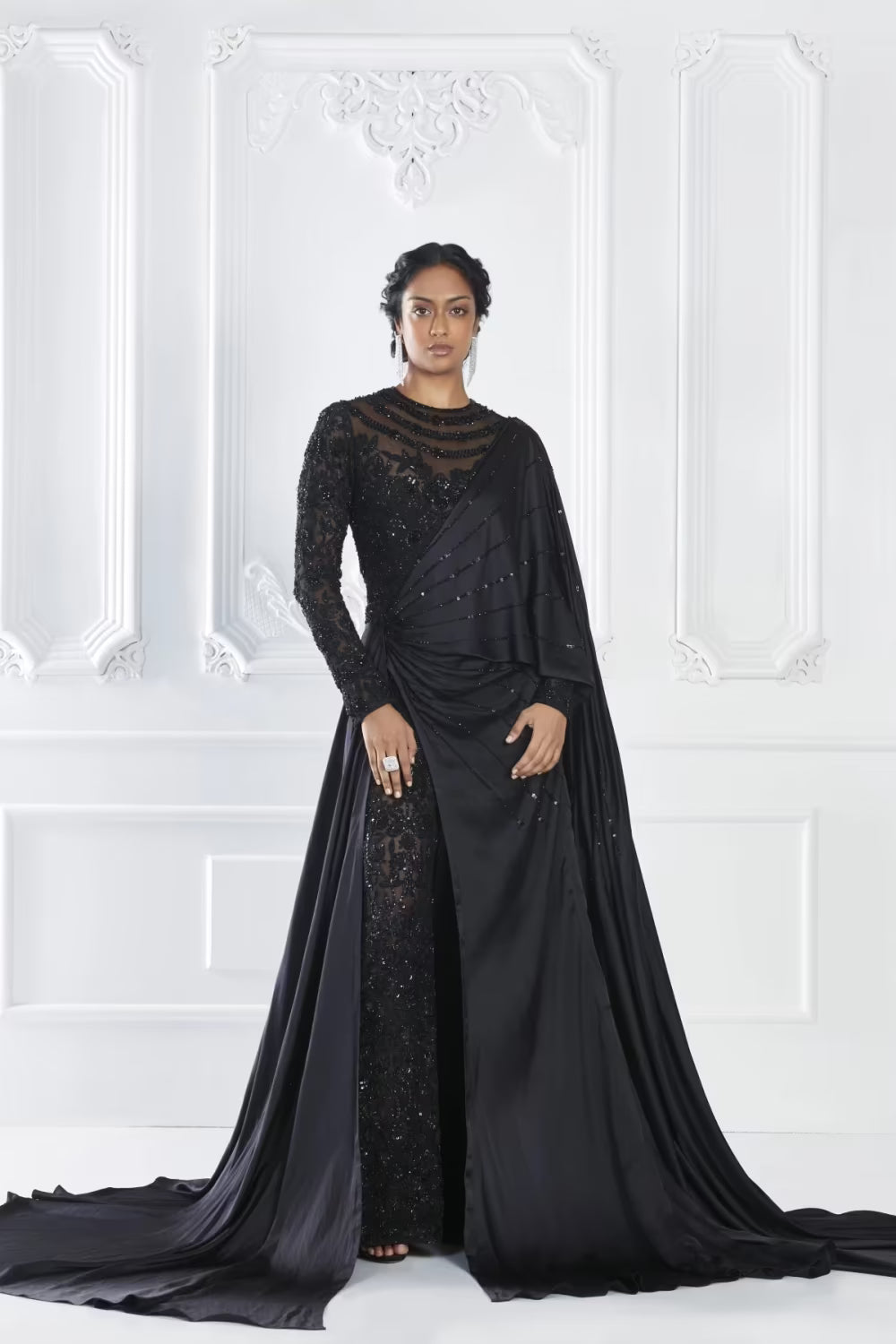 Black Embellished Saree Jumpsuit