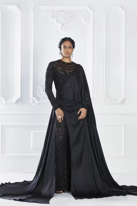 Black Embellished Saree Jumpsuit