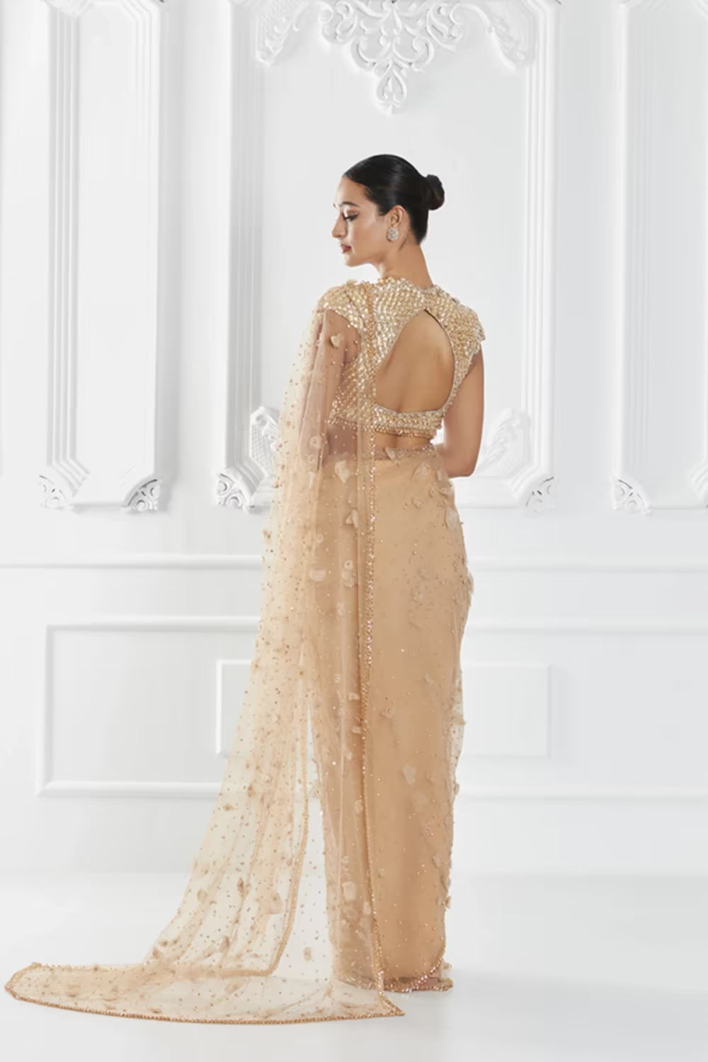 Beige 3D Floral Embellished Saree Set