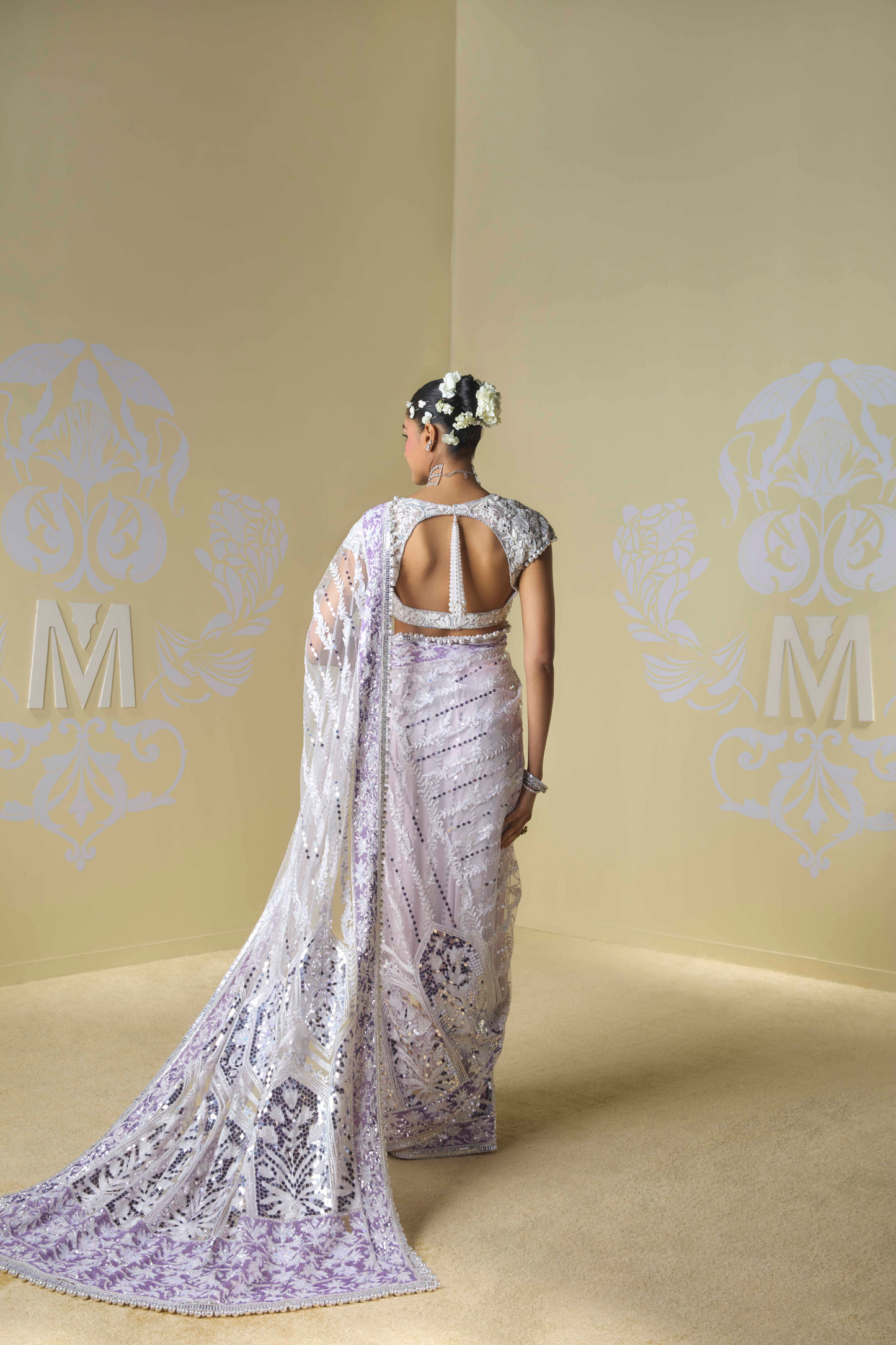 Ivory and Lavender Kashmiri Saree Set