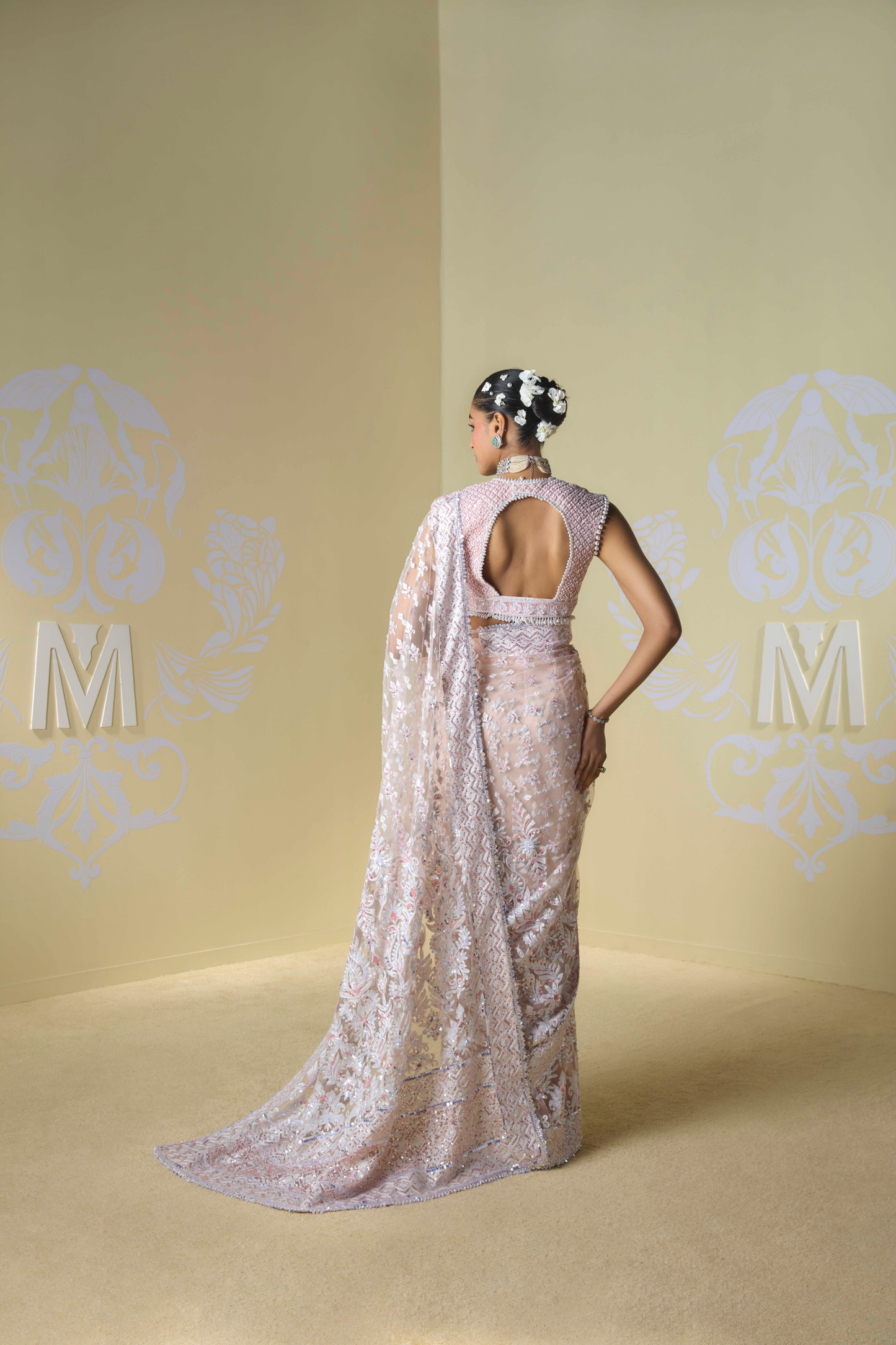 Peach Net Kashmiri Saree Set