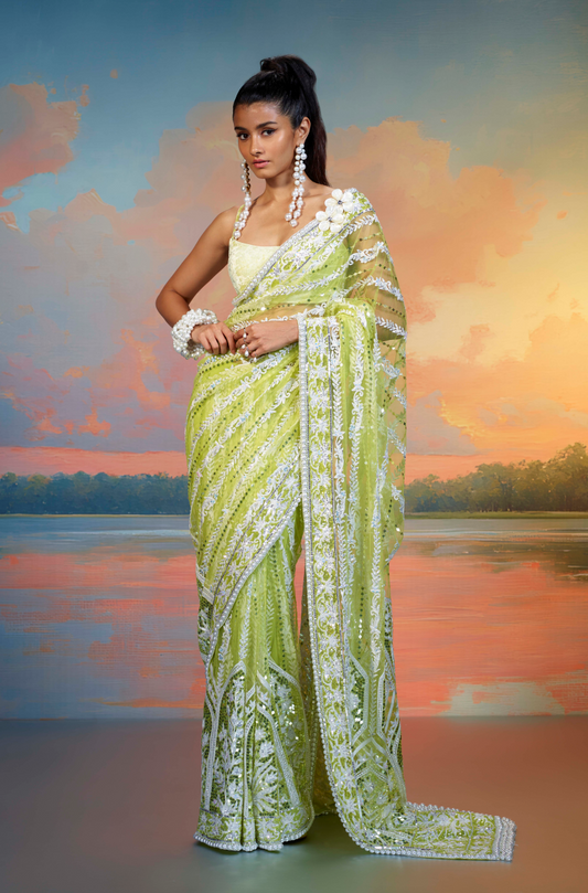 Lime Green & Ivory Kashmiri Embroidered Saree Set