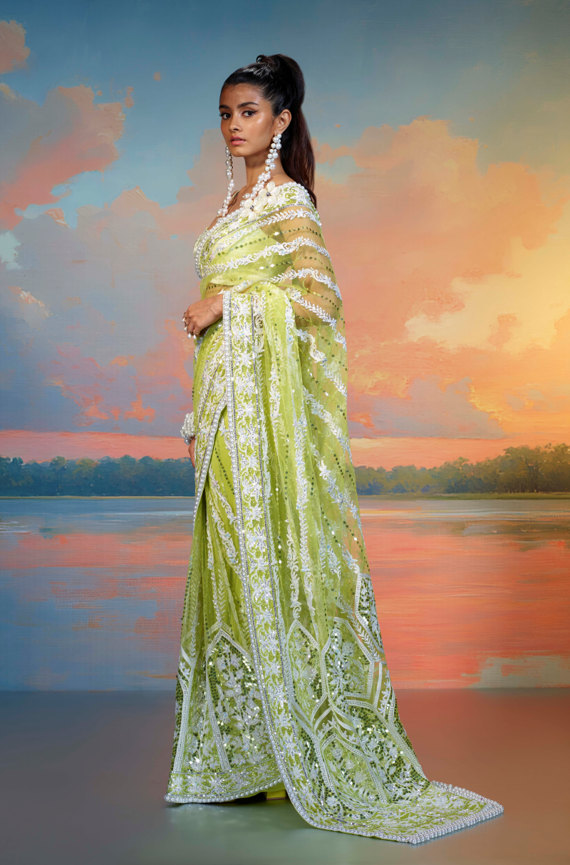 Lime Green & Ivory Kashmiri Embroidered Saree Set