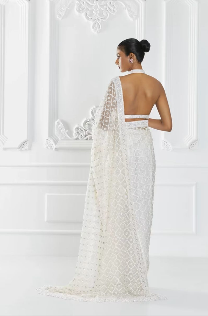 Ivory Geometric Embroidered Saree Set