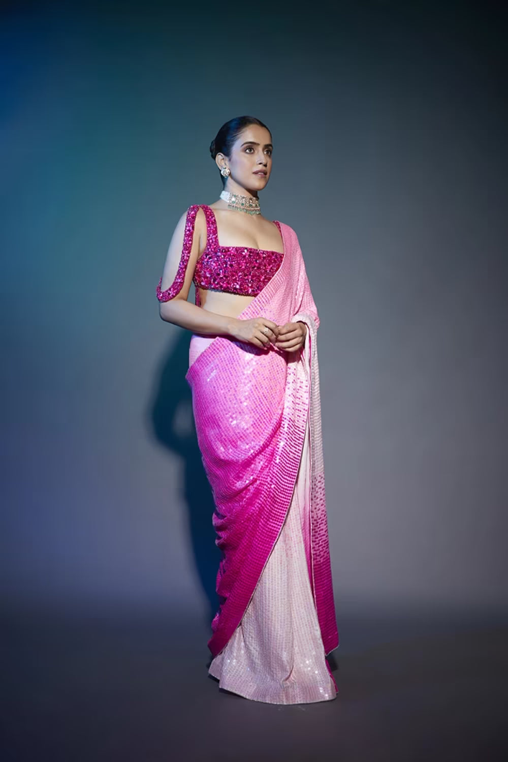 Sanya Malhotra in Ombre Pink Sequin Saree Set