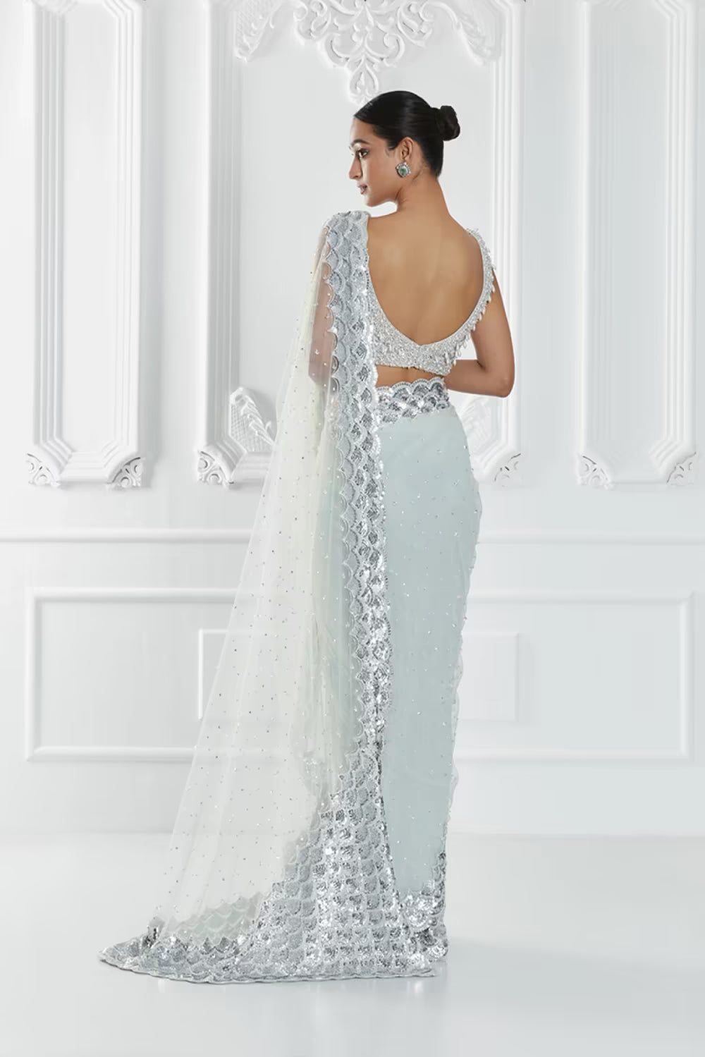 Aqua Blue Embroidered Saree Set