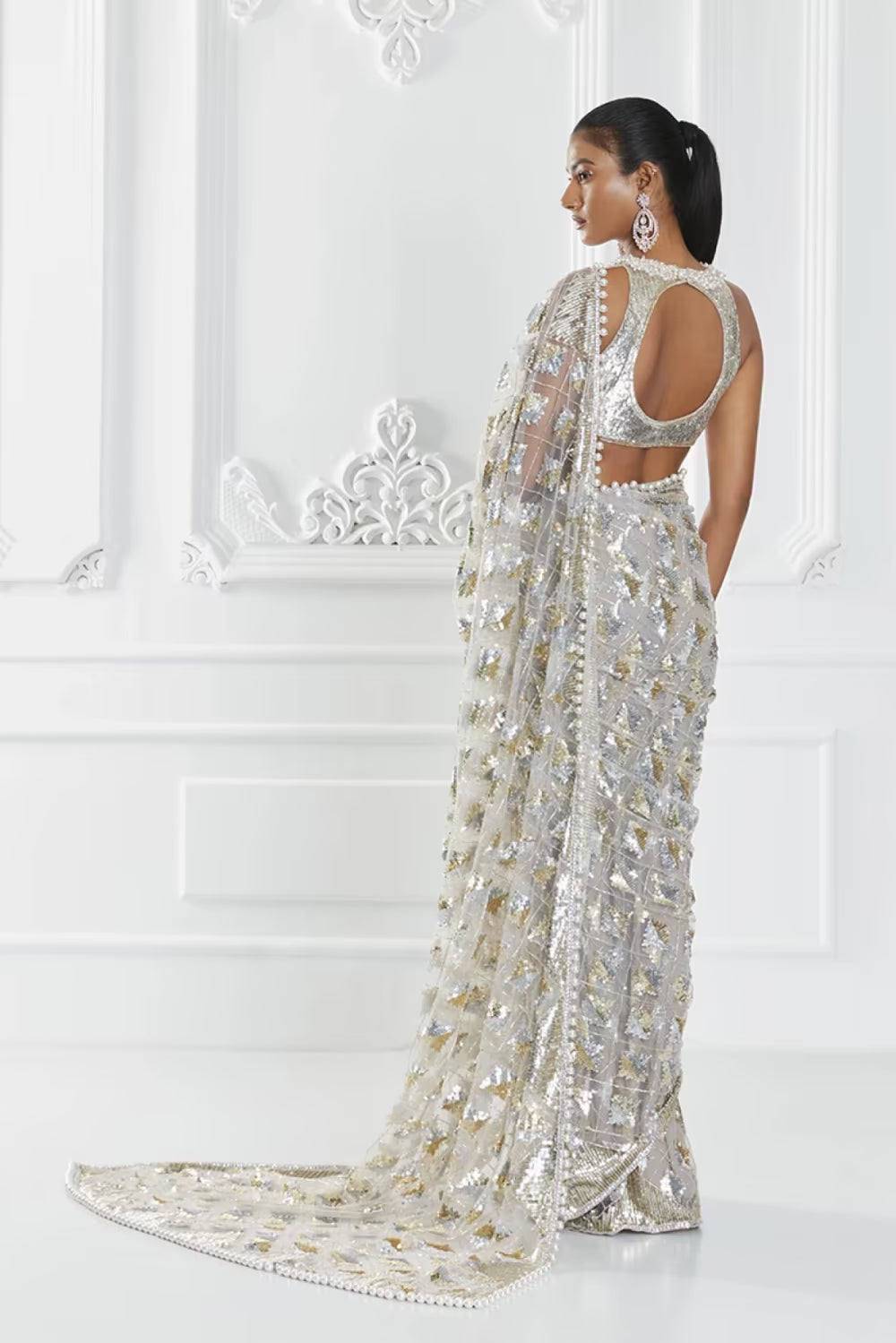 Grey Net Sequin Saree Set