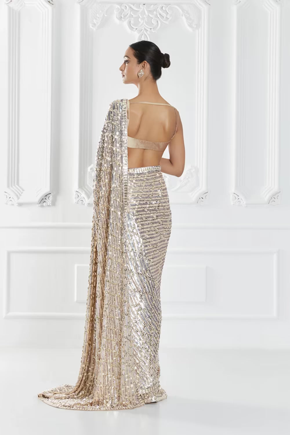 Nude Sequin Embellished Saree Set