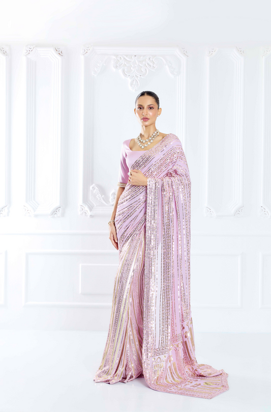 Lavender Embroidered Saree Set