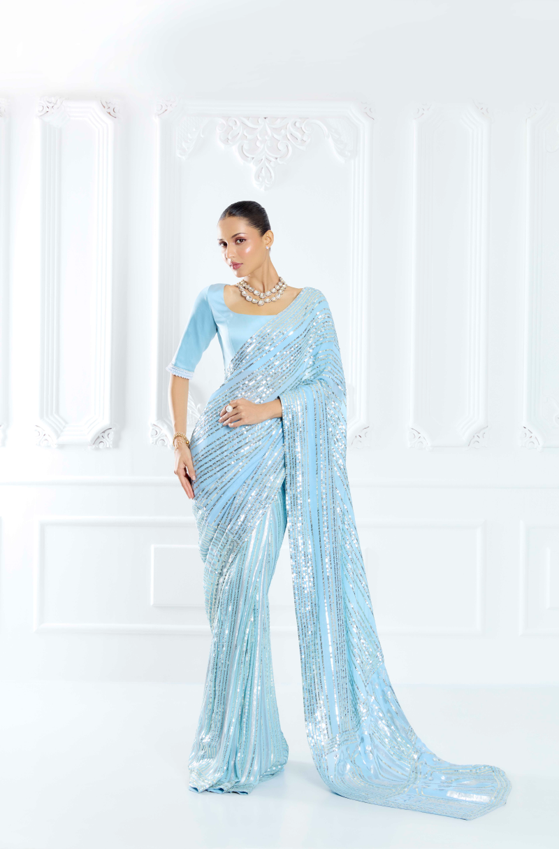 Blue Embroidered Saree Set
