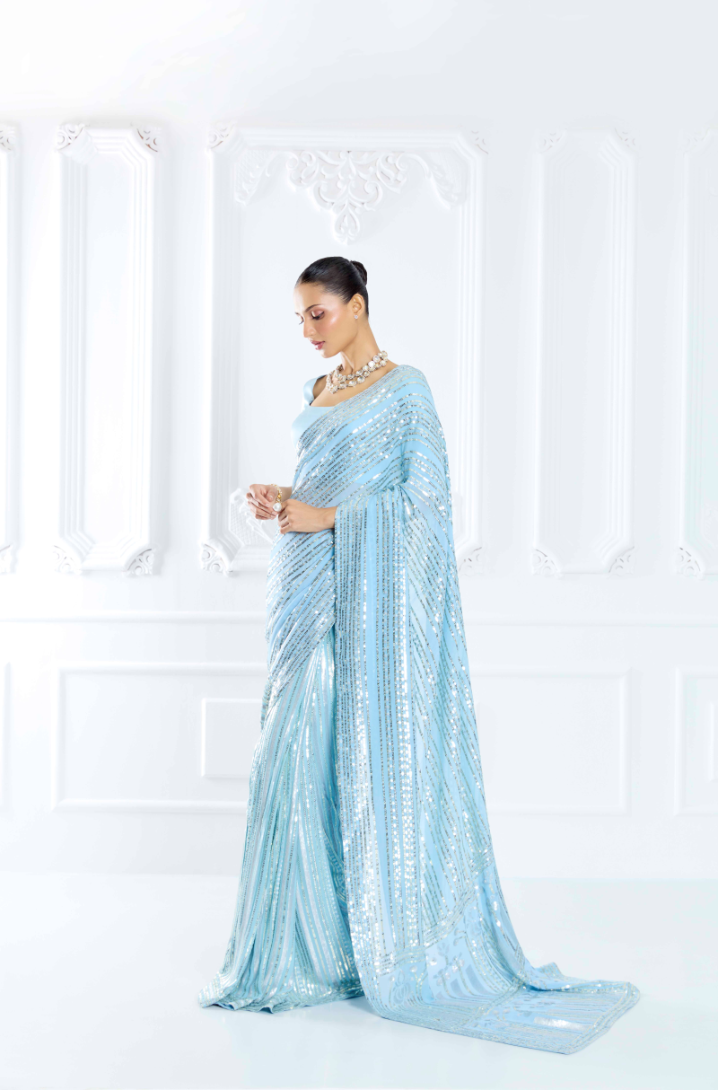 Blue Embroidered Saree Set