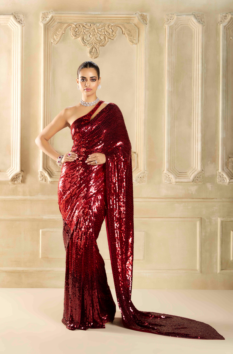Maroon Shaded Sequin Georgette Saree Set