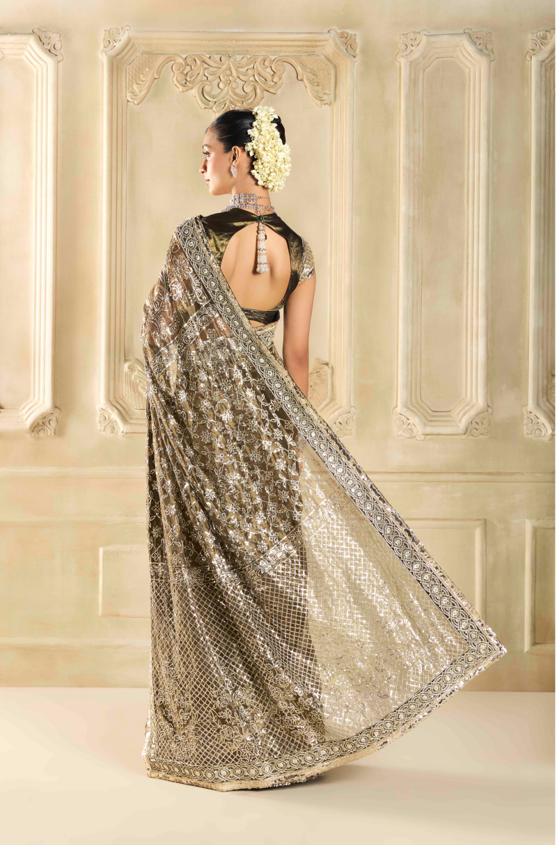Olive Green Tissue Embroidered Saree Set