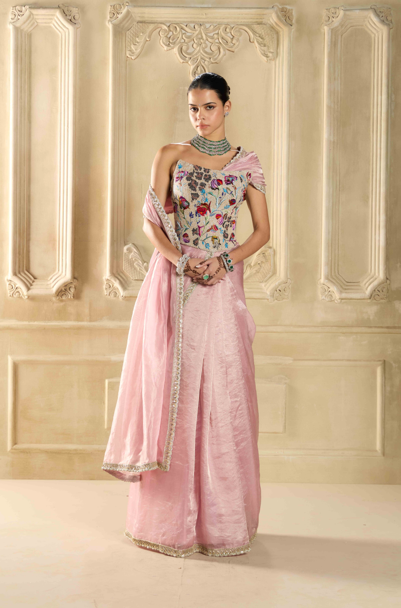 Soft Pink Tissue Embroidered Saree Set