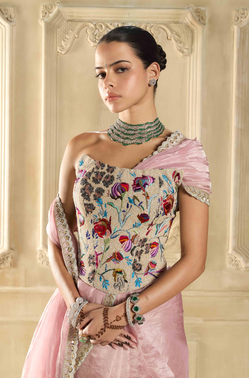 Soft Pink Tissue Embroidered Saree Set