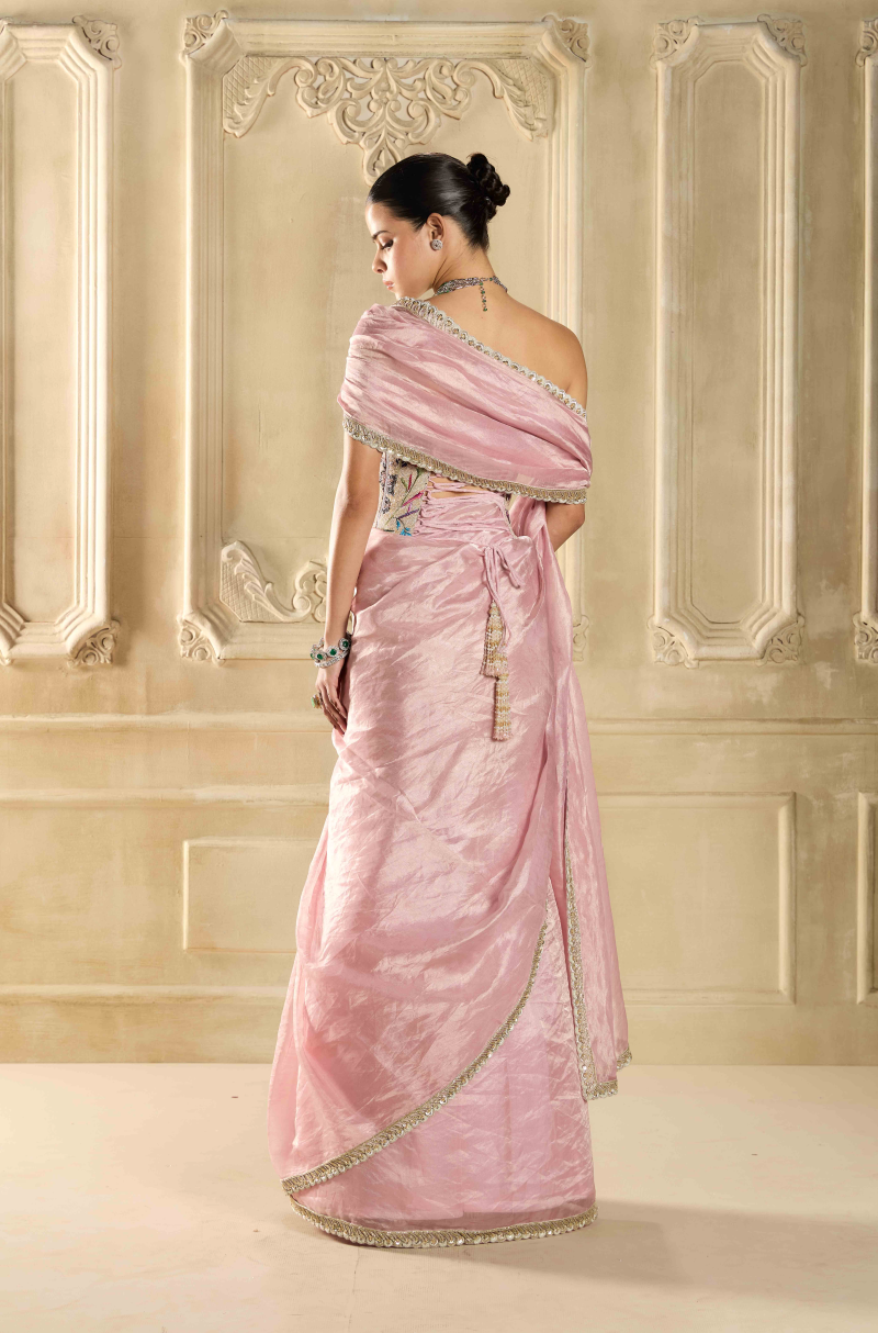 Soft Pink Tissue Embroidered Saree Set