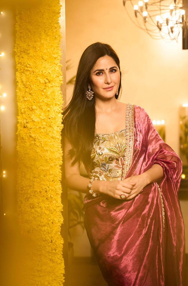 Katrina Kaif in our Fuchsia Pink Tissue Resham Embroidered Saree Set