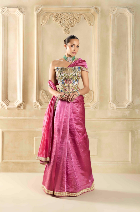 Fuchsia Pink Tissue Resham Embroidered Saree Set