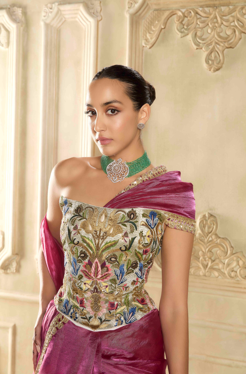 Fuchsia Pink Tissue Resham Embroidered Saree Set