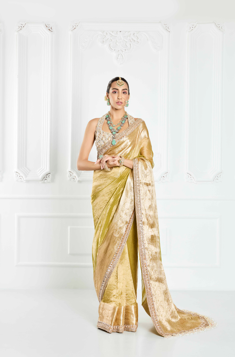 Olive Green Embroidered Saree Set