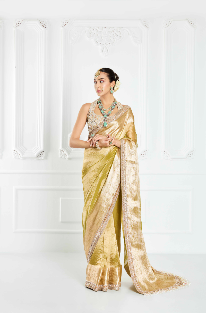 Olive Green Embroidered Saree Set