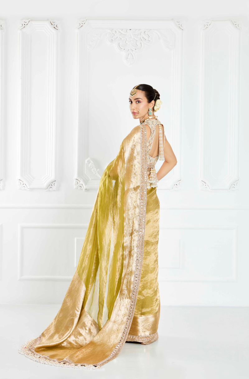 Olive Green Embroidered Saree Set