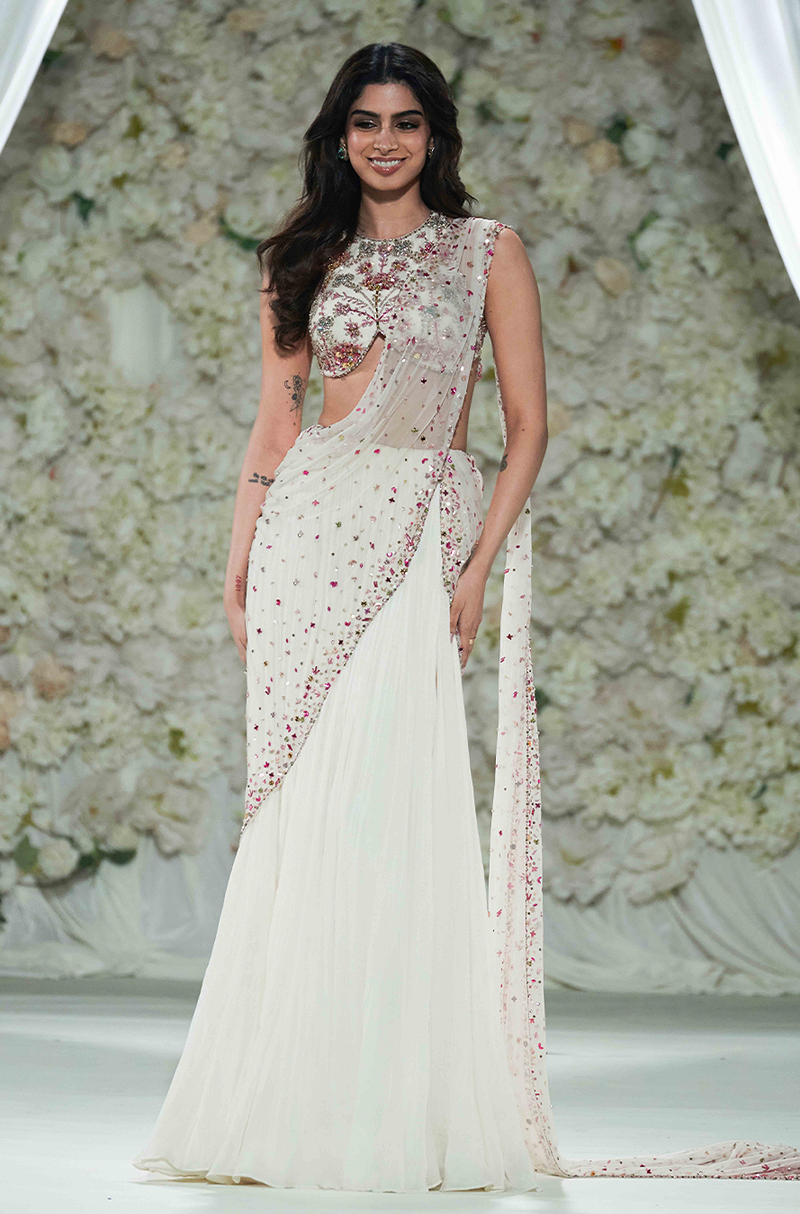Khushi Kapoor in our Ivory Embroidered Stitched Saree Set