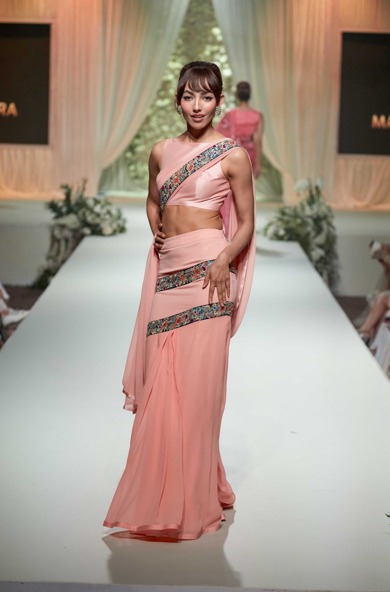 Peach Stitched Saree Set