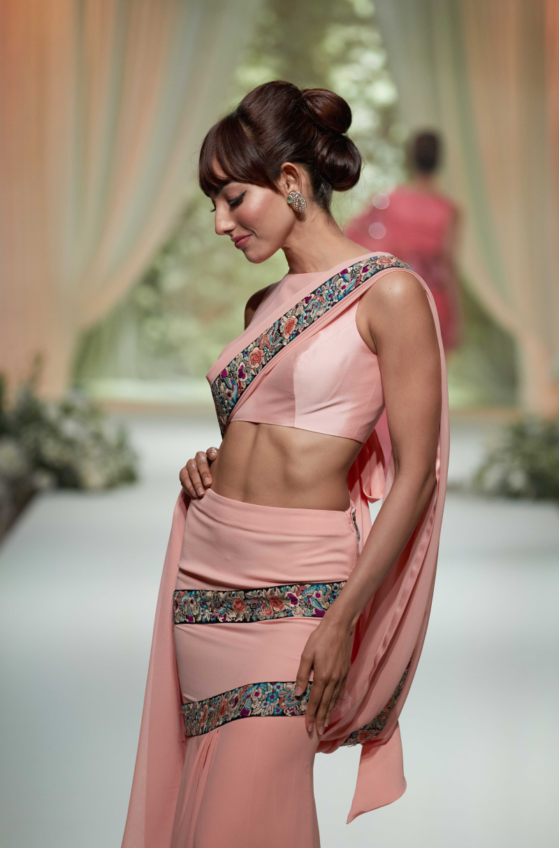 Peach Stitched Saree Set