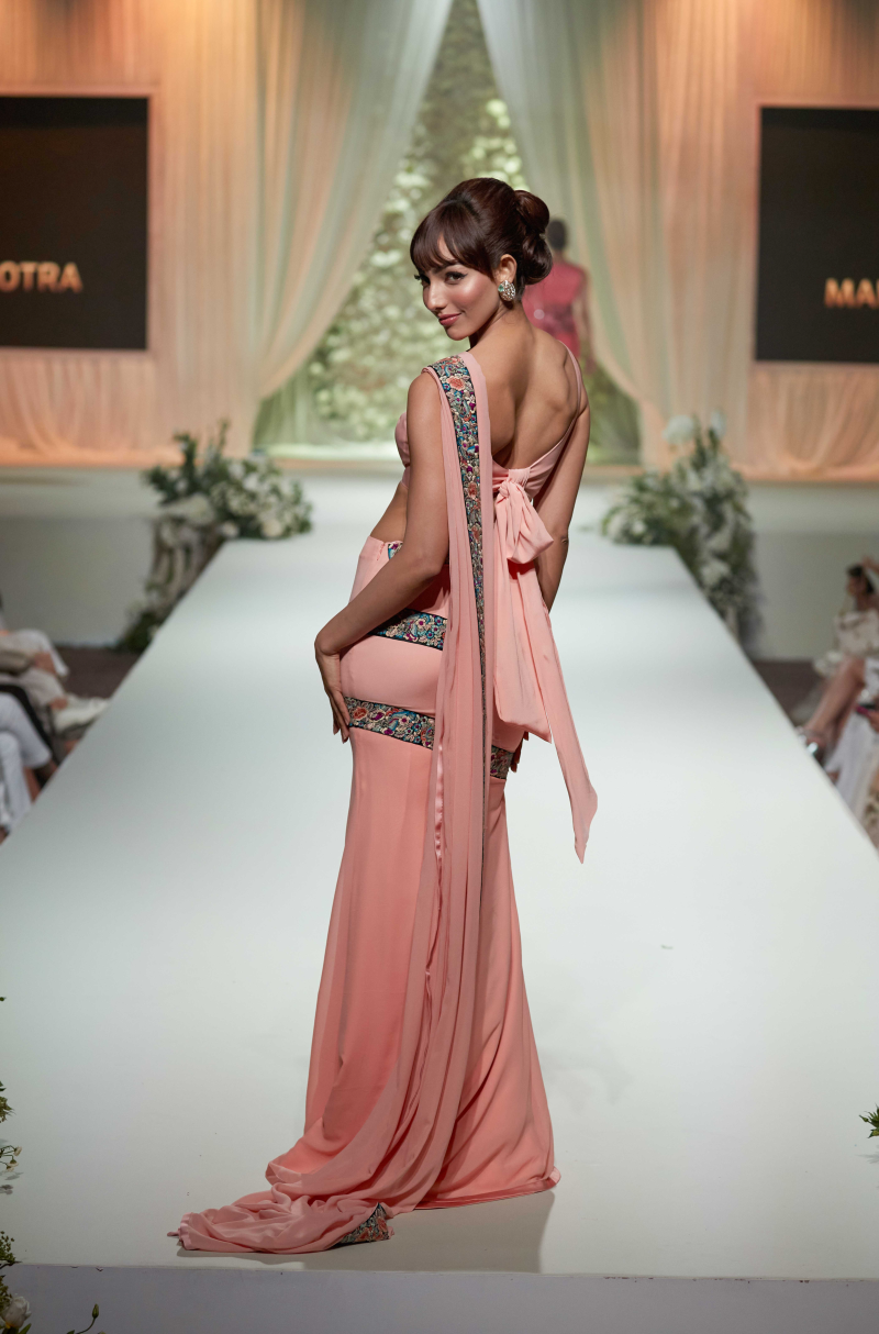 Peach Stitched Saree Set