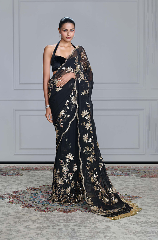 Black Taban Embroidered Palla Tassels Saree Set