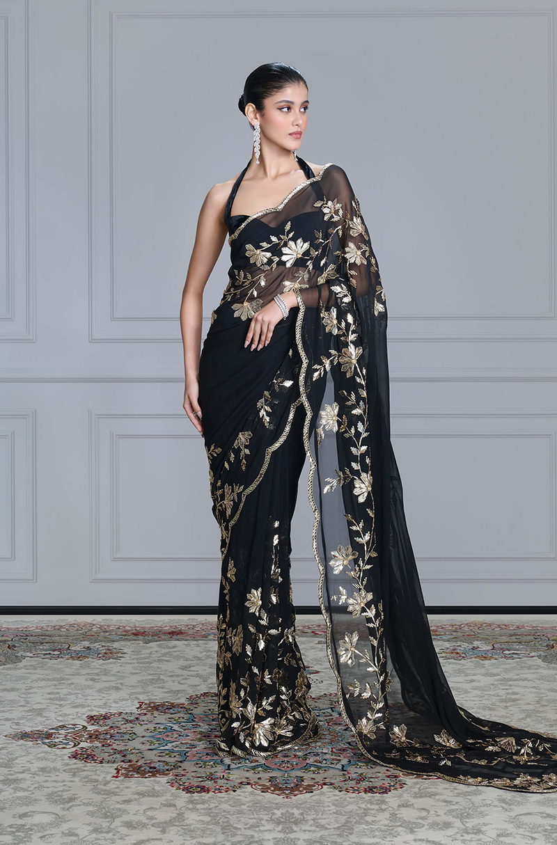 Black Taban Embroidered Scalloped Saree Set