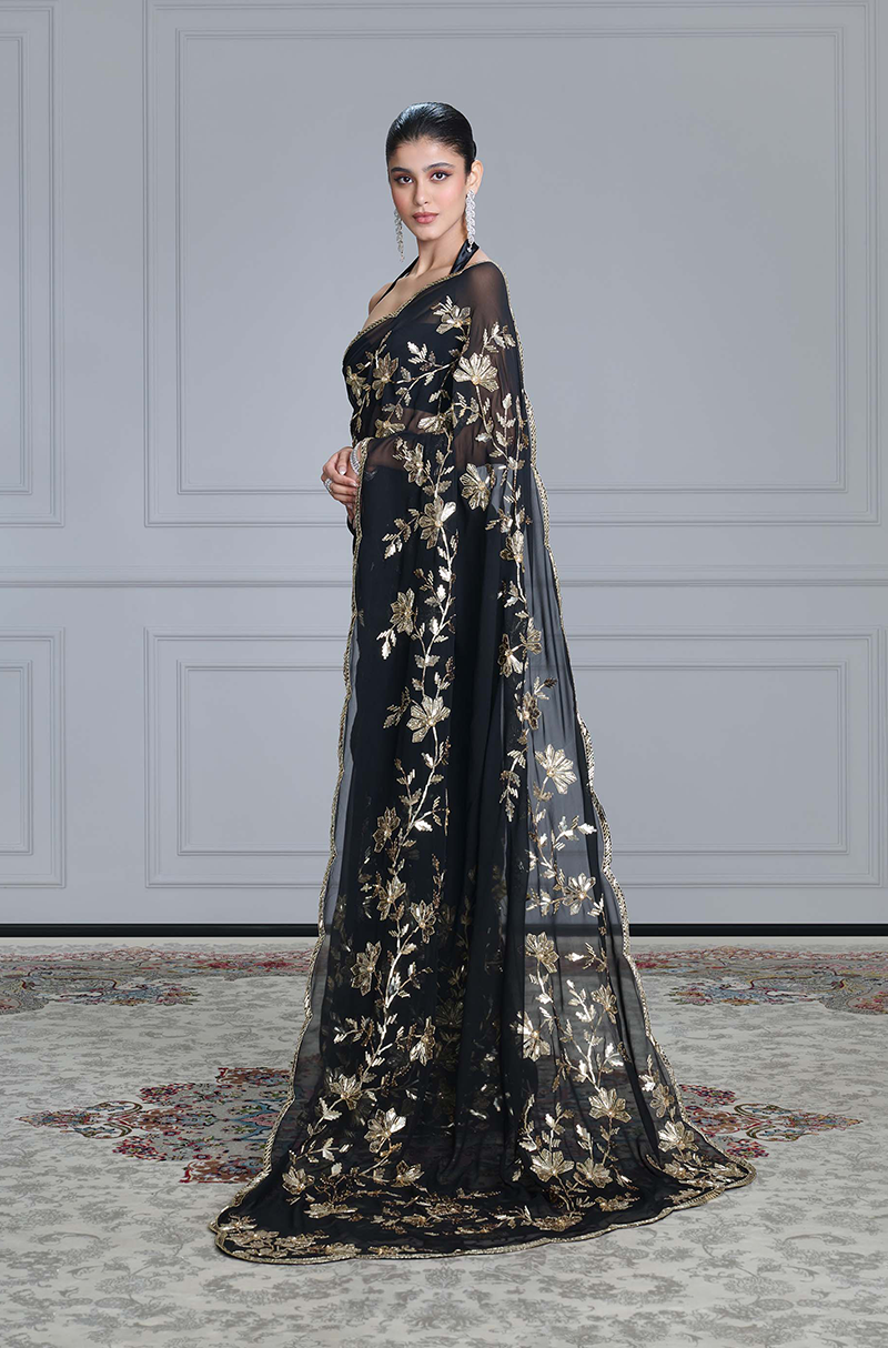 Black Taban Embroidered Scalloped Saree Set