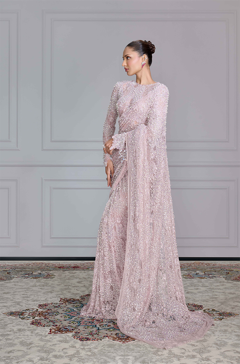 Dusty Pink Lace Embellished Saree Set